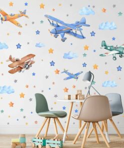 מדבקות קיר לחדר ילדים - מטוסים וכוכבים