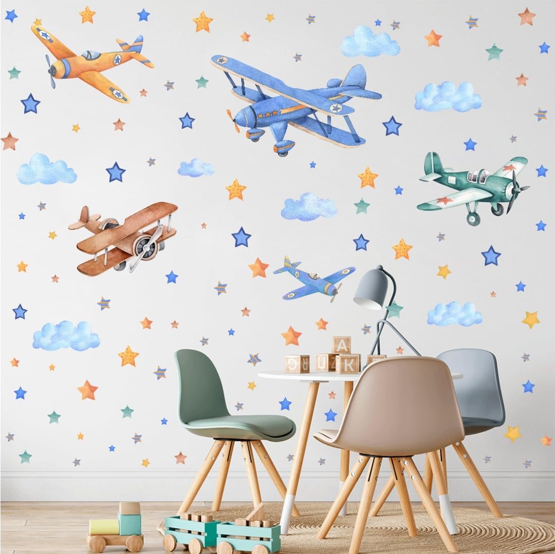 מדבקות קיר לחדר ילדים - מטוסים וכוכבים