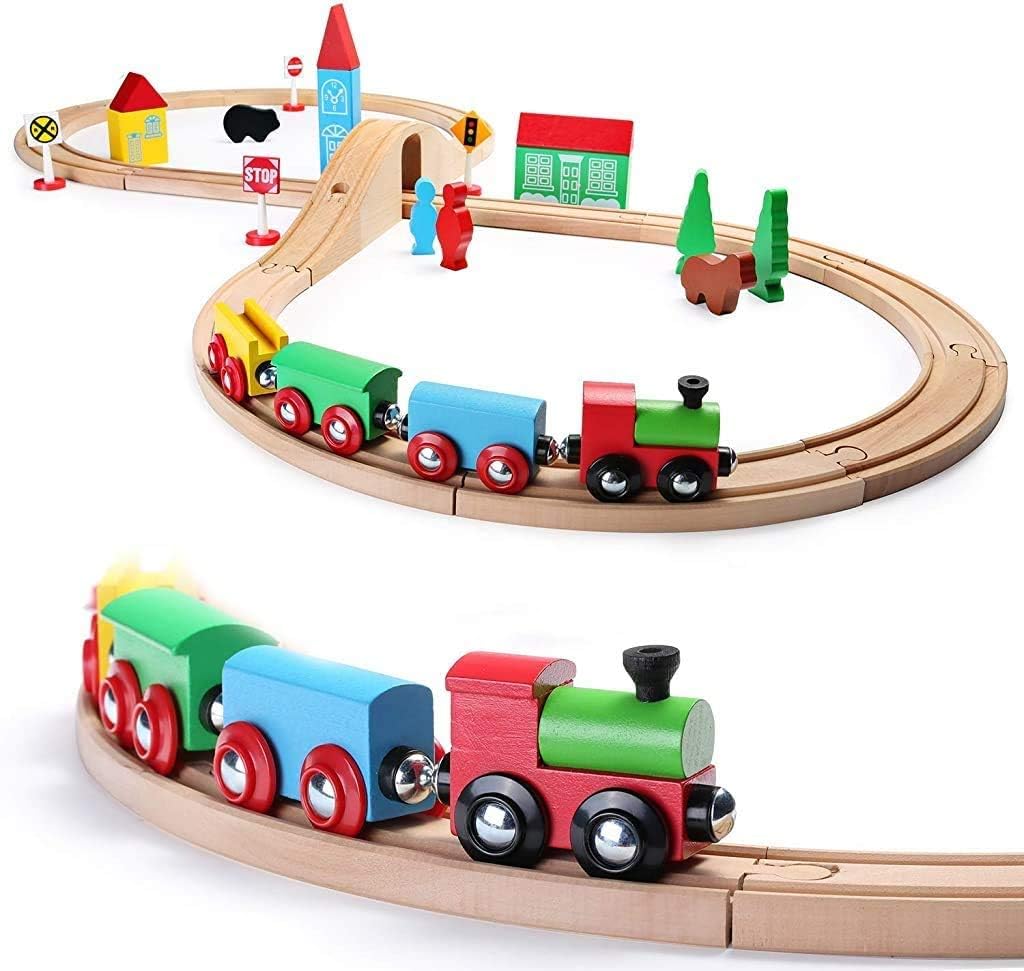 רכבת עץ לילדים - עיצוב דו מסלולי - SainSmart Jr